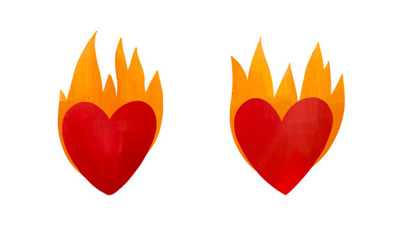 Two burning red hearts with orange fire flames hand drawn illustration concept for pms cramps menstruation pain girl power and high body temperature isolated