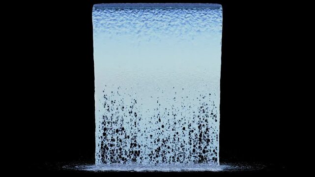 Front view of Flowing Water with a Large Flow from a medium surface source to the ground on a black background