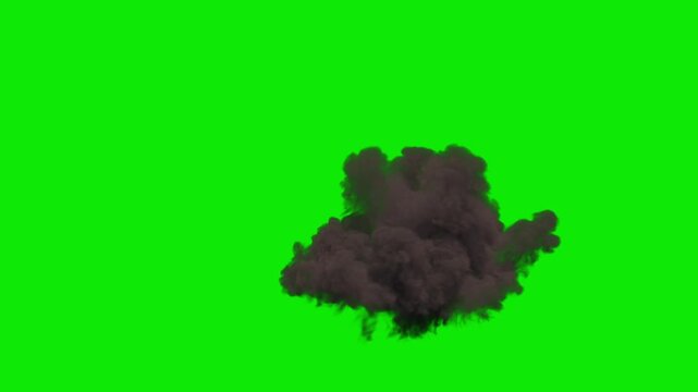 Ground Explosion in varying Orange and Yellow Flames with Dense Grey Smoke and slow dissipation on a perfect green background