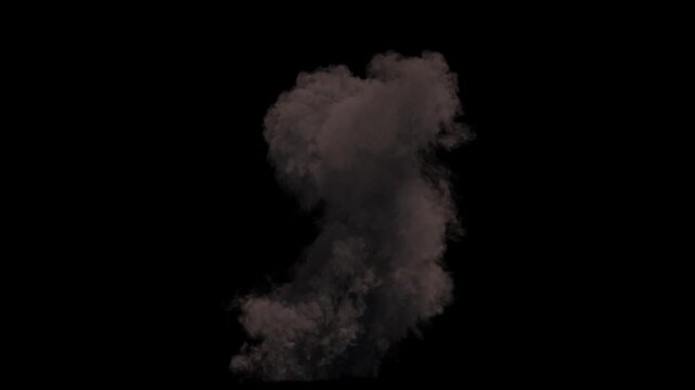 Ground Large Explosion like a Missile Strike mushroom shaped in Orange and Yellow Flames with Dense Smoke and fast dissipation on a black background