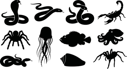 Black silhouettes of various sea creatures and animals on white background © SAYEDAJANNATUL