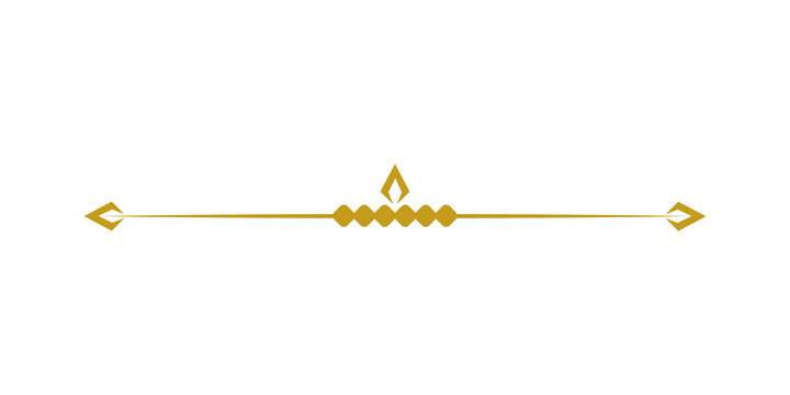 Golden decorative line divider with diamond and arrow elements, isolated on transparent background