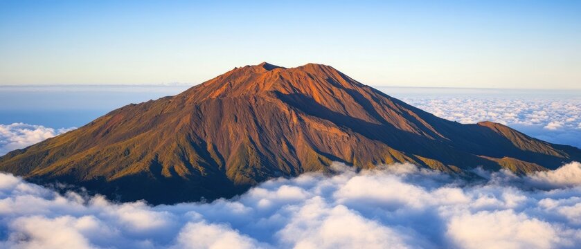 Majestic mountain peak above cloudscape at sunrise high altitude nature landscape