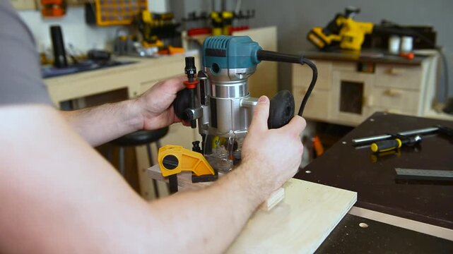 Skilled carpenter flexing his muscles while using router at construction site. Wood router in action smoothly cutting into a wooden surface. shot highlights woodworking craftsmanship