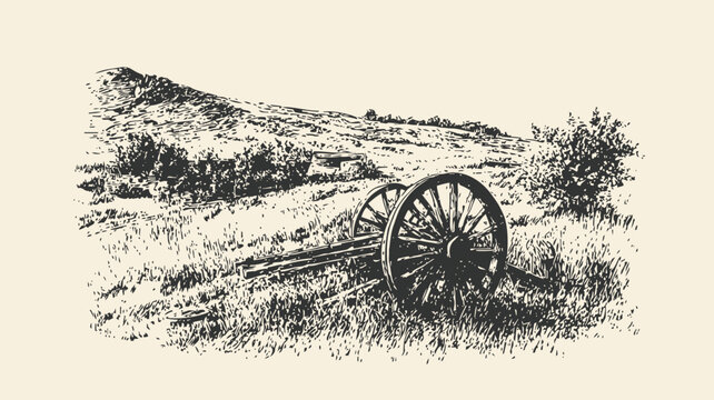 Vintage countryside landscape with old wooden wagon wheel in grass field drawing engraving