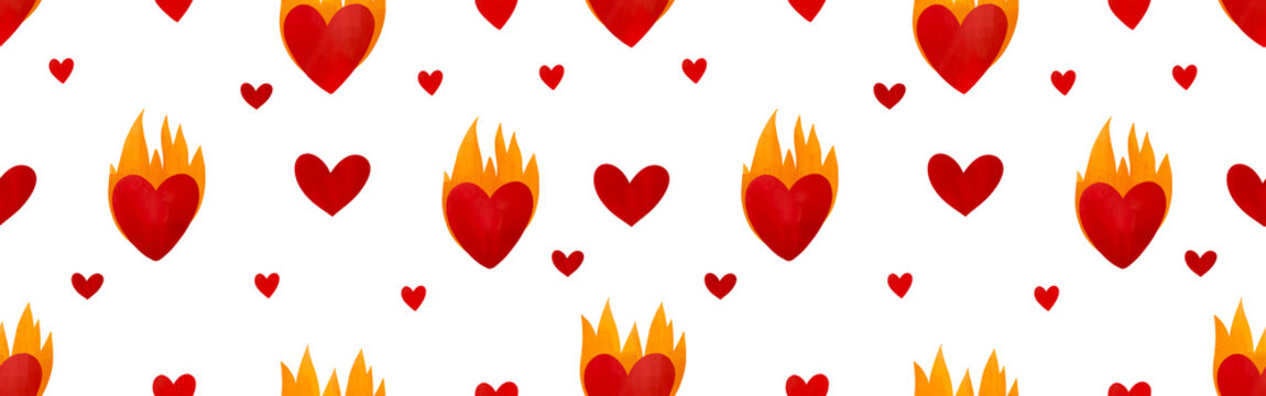 Red hearts and burning hearts seamless pattern hand drawn illustration background wallpaper for girl power menstruation pain heavy flow period concept design
