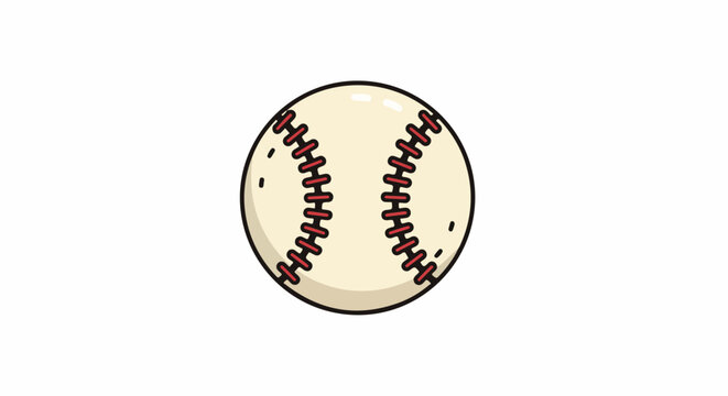 A simple cartoon illustration of a baseball with red stitching and a subtle shine