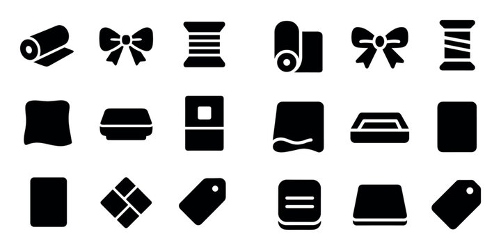 Fabric and sewing design icons with ribbon, spool and tag for print project in solid style