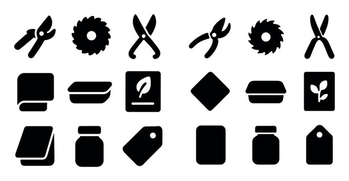 gardening and nature vector icons with pruning shears, saw blade and seed packet for infographic design in solid monochrome style