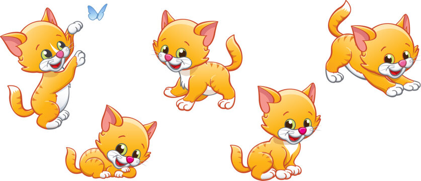 various cute smiling orange ginger striped cartoon kitten cat character vector set on transparent background
