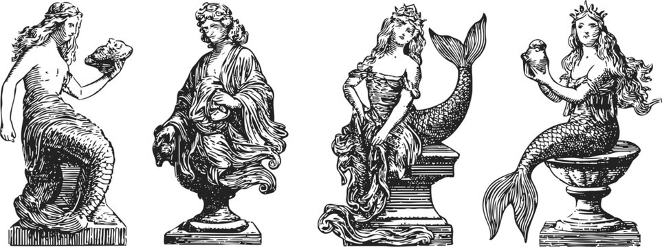 engraving mermaid and merman statues with classical decorative elements
