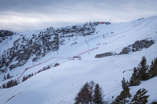 Scenic view of La Nationale Alpine Ski World Cup mens downhill racecourse in Crans-Montana, Switzerland - home of the 2027 Alpine World Ski Championchips against cloudy sky