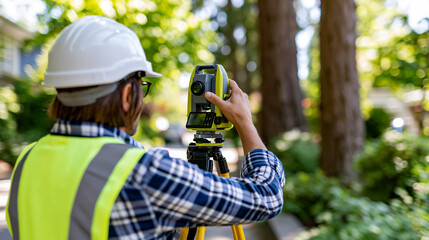 Fototapeta premium Anonymous landscape architect photographing mature specimen trees on a client's property for an existing conditions report, professional site survey concept, faceless, defocused,