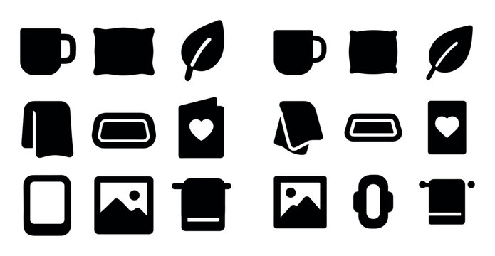 Household and kitchen design icons with mug, towel and leaf for presentation use in minimal outline style
