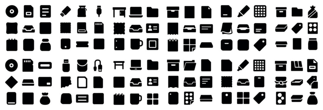 Digital and office concept design icons with usb, laptop, folder and note pad for print media design in simple solid style