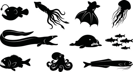Collection of various ocean sea creatures silhouettes on white background © SAYEDAJANNATUL