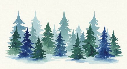 Obraz premium Winter forest landscape with christmas trees and snow with copy space. Watercolor illustration with cozy holiday scene among trees for card template, print, poster, book, banner, flyer. 