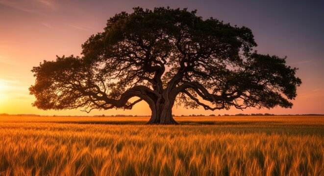 Large ancient oak tree standing in golden wheat field sunset