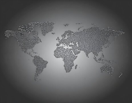 A grayscale world map composed of tiny squares on a gradient background