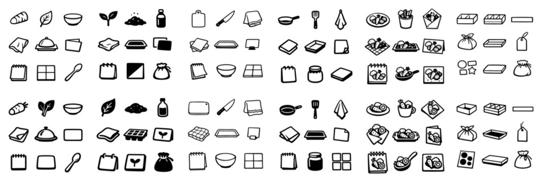 Kitchen tools and food basics ui elements with bowl and bottle and spoon for dashboard interface in outline vector art design