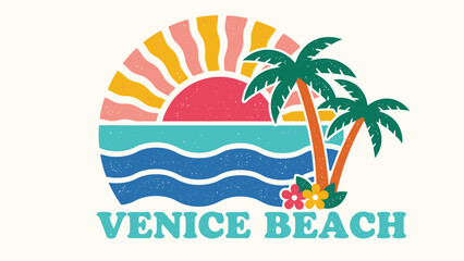 Obraz premium Retro Style Venice Beach Graphic With Palm Trees And Sunset For Travel Brochures