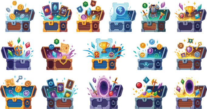 Fantasy game treasure chests vector asset bundle featuring magic loot boxes with coins crystals cards weapons and glowing portal elements