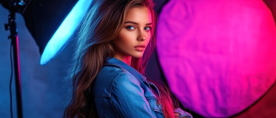 Naklejka premium Stylish young woman in denim jacket vibrant pink and blue studio portrait