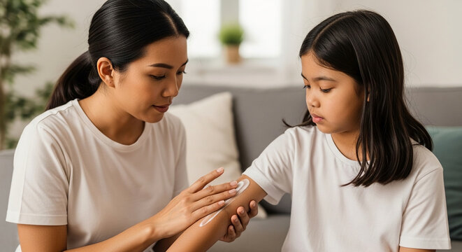 Caring Asian mother applying moisturizing cream or sunscreen on her young daughter's arm at home, childcare and dermatological skincare routine concept.