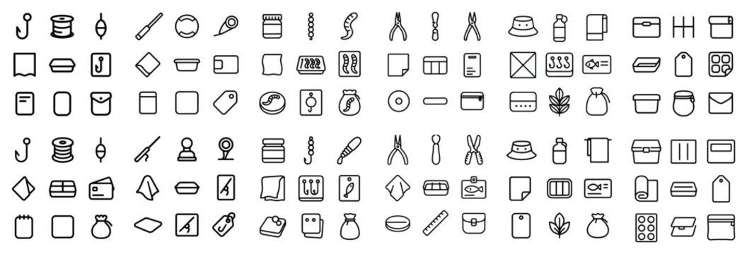 Fishing and stationery design icons with hook spool float for mobile app design in minimal design