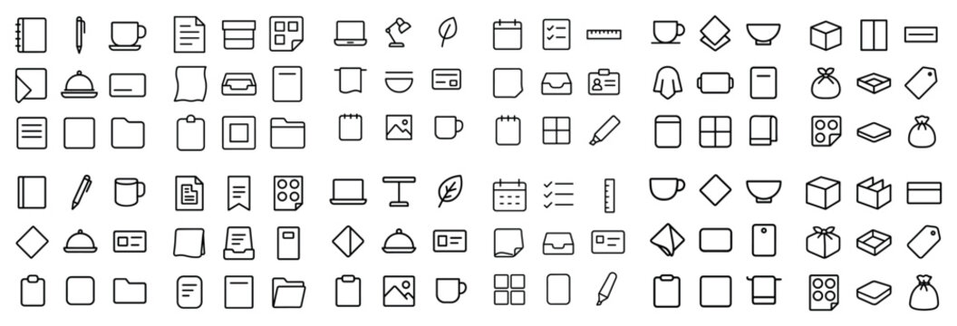 Outline and interface vector symbols with pencil cup folder for infographic layout in minimal design