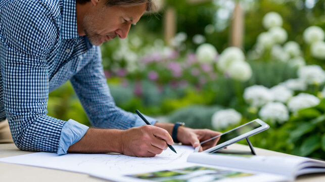 Anonymous landscape designer meticulously sketching garden plans on paper while referencing images on a tablet, surrounded by lush flowers and greenery, faceless, defocused, with
