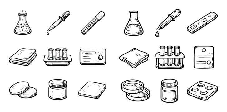 Laboratory and medical concept icons with flask, dropper and test tubes for presentation design in hand drawn outline style