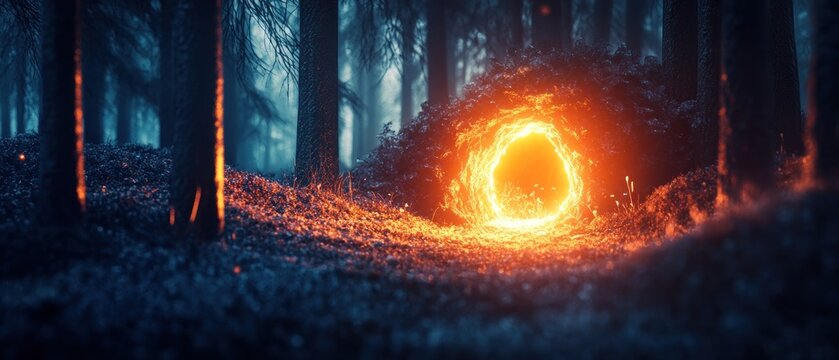 Glowing portal in dark forest at night