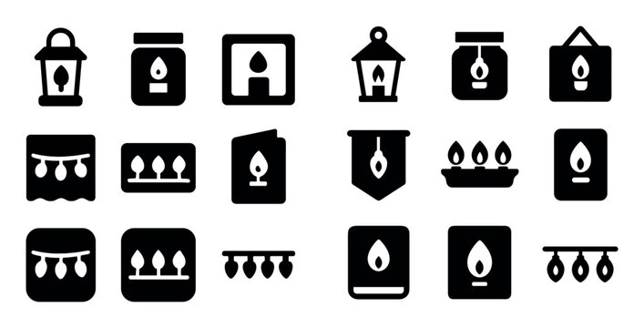 Candle and flame concept icons with lantern, string lights and candles for web design in solid style