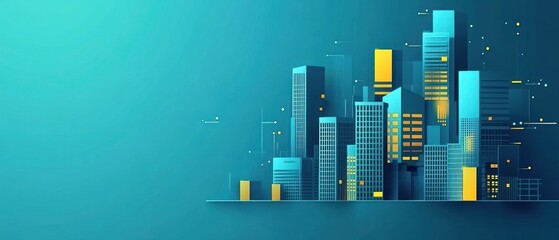 Fototapeta premium Teal and yellow city skyline at night minimalist design illustration