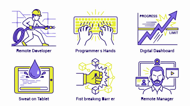 Set of six flat vector icons depicting remote work and software development concepts in a purple and yellow line art style on white background