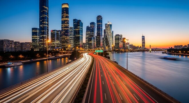 Traffic flowing across a bridge towards a city skyline at dusk