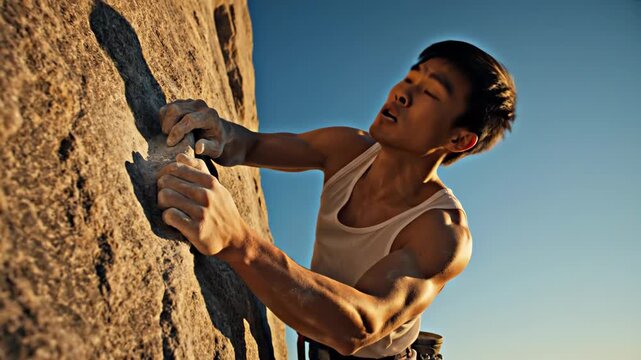 Asian man climbing a vertical rock face with intense expression. Visualizing athletic endurance, physical strength, and outdoor adventure challenges.