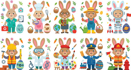 Obraz premium Cute Easter bunny cartoon characters representing various professions vector set with doctor chef teacher astronaut builder scientist artist and firefighter