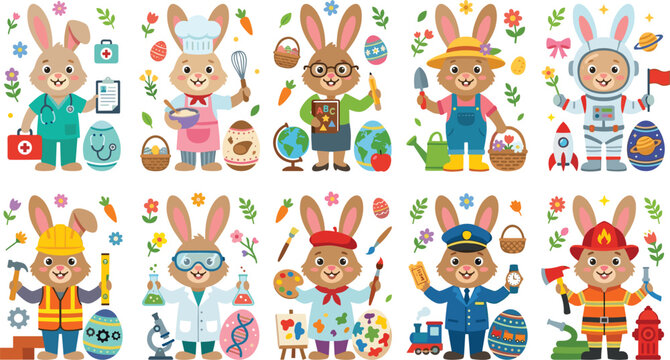Cute Easter bunny cartoon characters representing various professions vector set with doctor chef teacher astronaut builder scientist artist and firefighter
