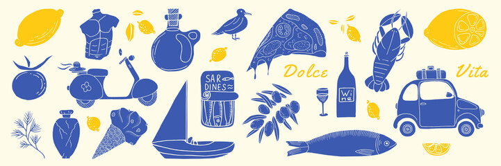 Amalfi coast summer set. Hand drawn blue silhouette elements collection. Summer Italian vocation with seafood and travel adventures. © Marina Smith
