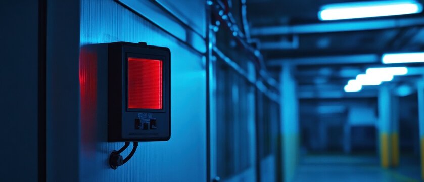 Red illuminated control panel in industrial setting futuristic technology dark blue lighting