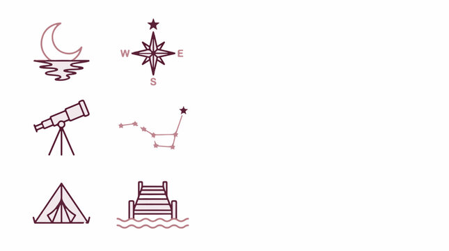 Set of six minimalist line art icons featuring celestial and outdoor camping themes in a simple vector illustration style on a white background