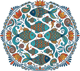 Fototapeta premium Traditional South Asian folk art fish mandala vector illustration with intricate circular border paisley motifs lotus flowers and water swirls