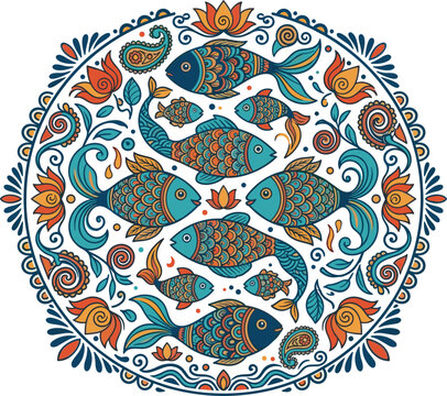 Traditional South Asian folk art fish mandala vector illustration with intricate circular border paisley motifs lotus flowers and water swirls