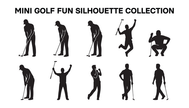 Mini Golf Fun Poses Silhouette Icon Sheet Collection.
