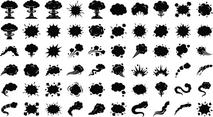 Collection of black explosion and smoke icons on white background for graphic design © MD ANWAR
