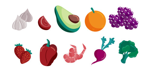 Fototapeta premium Collection of colorful fruit, vegetable, and seafood icons including avocado, grapes, broccoli, shrimp, garlic, and strawberries isolated on white background.
