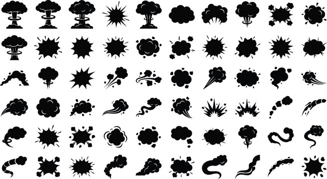 Collection of black explosion and smoke icons on white background for graphic design