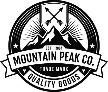 Mountain Peak Co logo with crossed arrows shield and mountains  quality goods trade mark